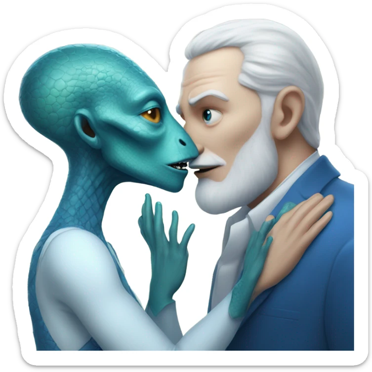 White man in blue dress hugs and kissing Alien reptilian woman in white dress  sticker