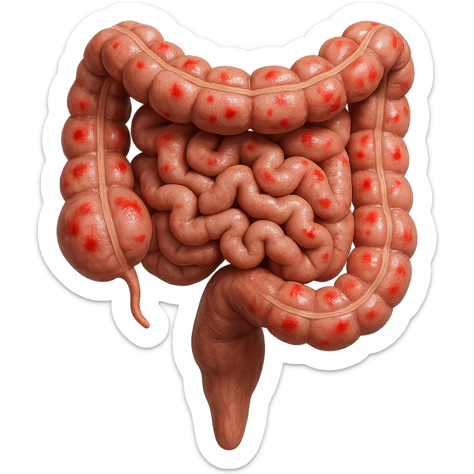 intestino umano anatomico con rossori sparsi sul colonm, iperrealistico 4k sticker
