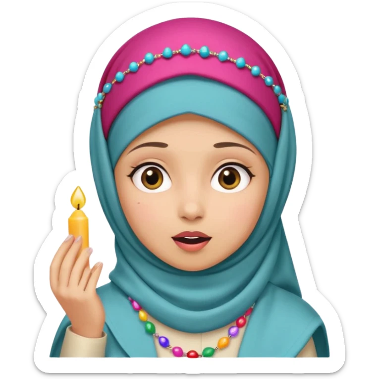 A hijab girl blushing and looking surprised with a party hat and a tasbih on her head sticker