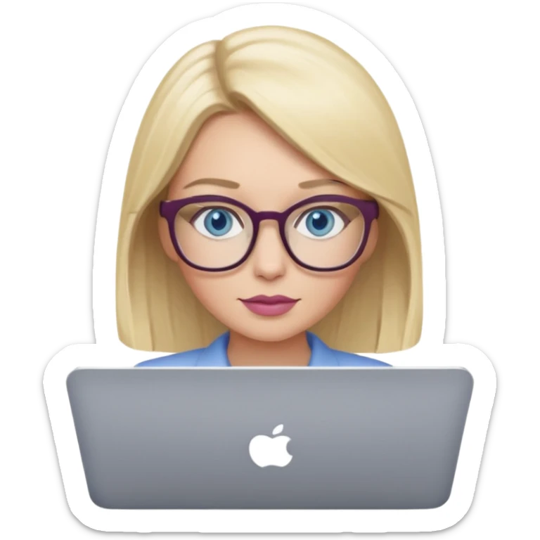donna bella, occhi azzurri con occhiali, capelli medi, lisci e biondi, lavora usando lo schermo pc. Labbra color malva chiaro sticker