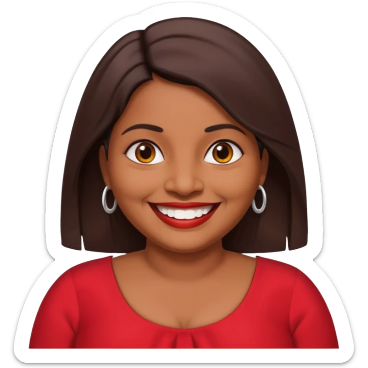50 yr old chubby Sri Lankan woman, dark skin, straight brown hair, big smile, white teeth, red dress clothes, shoulder length hair sticker