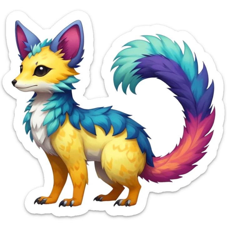 Feral Rare Fantasy colorful vibrant Vernid-Trico-species-Fakemon-creature by LiLaiRa, random markings, tufted tail, tufted ears, full body sticker