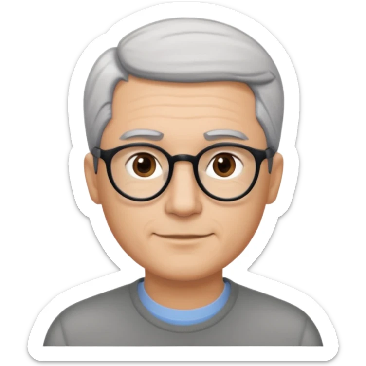 A man emoji with light skin, neatly combed short gray hair parted to the side, straight dark eyebrows, brown eyes behind black-framed glasses, an oval-shaped face, a small nose, and a subtle smile with no facial hair. sticker