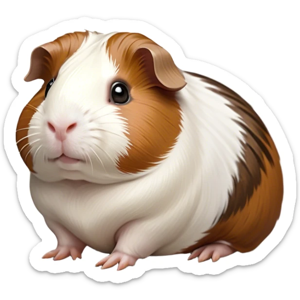 Cinematic Noble Brown and White Banded Guinea Pig Portrait Emoji, Poised and regal, with a compact, chubby build and a uniquely patterned coat of warm brown and crisp white banding, deep-set soulful dark eyes, Simplified yet sharp and sophisticated features, highly detailed, glowing with a soft, dignified glow, high shine, intelligent and charming, stylized with an air of distinctive elegance, focused and attentive, soft glowing outline, capturing the essence of a watchful and confident companion, so majestic it feels as though it could scurry out of the screen with effortless authority! sticker