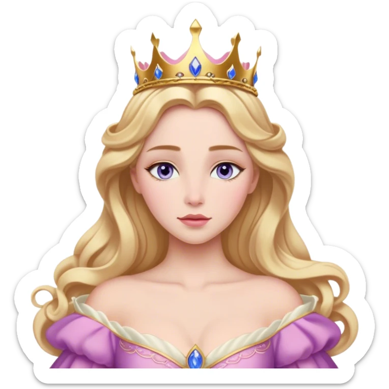 Cinematic Realistic Sleeping Beauty (Aurora) Portrait, with porcelain-like skin featuring a natural rosy flush, illuminated by soft lighting that highlights the gentle contours of her face. Her golden blonde hair flows in soft, detailed waves with subtle highlights that shimmer in the light. Her deep violet-blue eyes radiate warmth and innocence, framed by arched brows and long lashes. Her serene expression exudes quiet elegance. She is dressed in her classic pink gown, the fabric rich in texture with delicate folds that catch the light. A golden crown rests atop her head, gleaming with royal refinement. The portrait captures a soft, glowing aura, blending realism with an ethereal sense of beauty and timeless enchantment. sticker