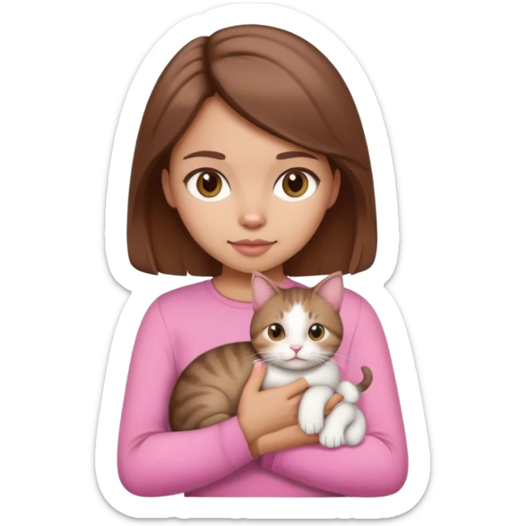 Girl with pink top and brown hair holding a cat sticker