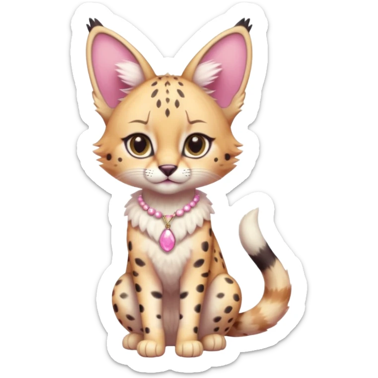 Whitish pastel-rosy-pink cute elegant furry kawaii Serval, full body, with a cute pretty necklace  sticker