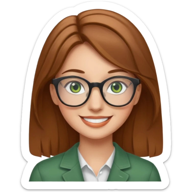 light brown hair woman with green eyes and glasses smiling sticker
