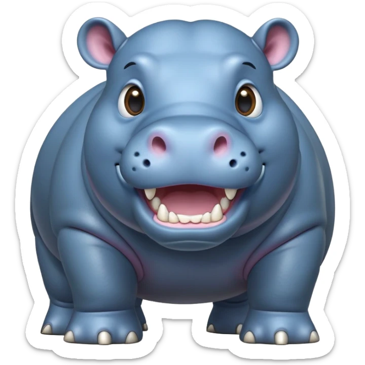 cinematic-hippo-realistic-full-body-side-view-standing-on-all-fours-emoji,-massive-round-frame,-wide-mouthed-grin-exposing-huge-teeth,-head-tilted-dramatically,-thick-greyish blue-hide-glossy, big cute eyes sticker