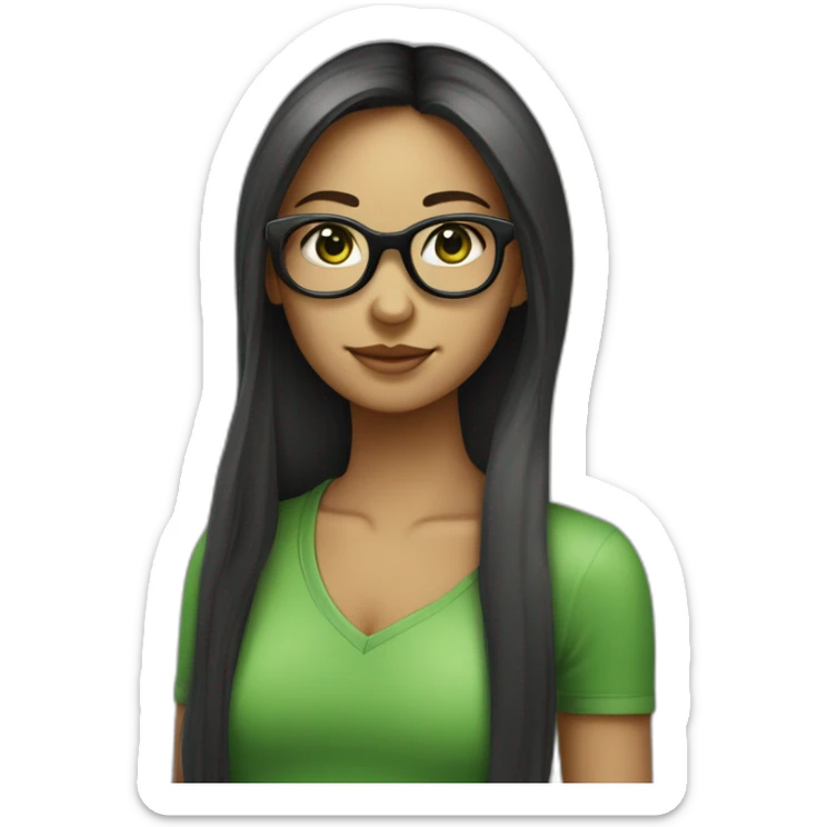 une fille avec de long cheveux noir lisse , des yeux vert , et avec des lunette (en forme de carrer un peu déformé) assez grosse comparer a ça tête sticker