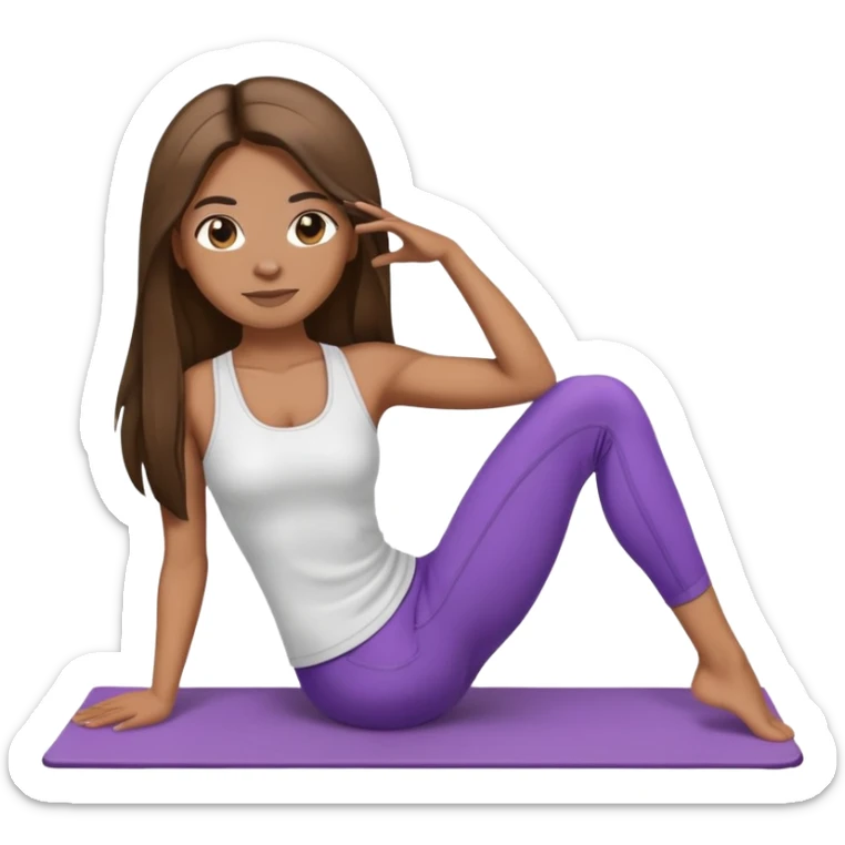 female emoji light brown skin, dark straight long hair, black eyes with pilates clothes sticker
