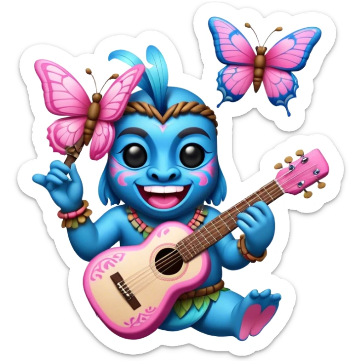 Pixar style little Cartoon Blue and pink tiki singing with a butterfly and playing a guitar, ultra detailed and lifelike imagery sticker