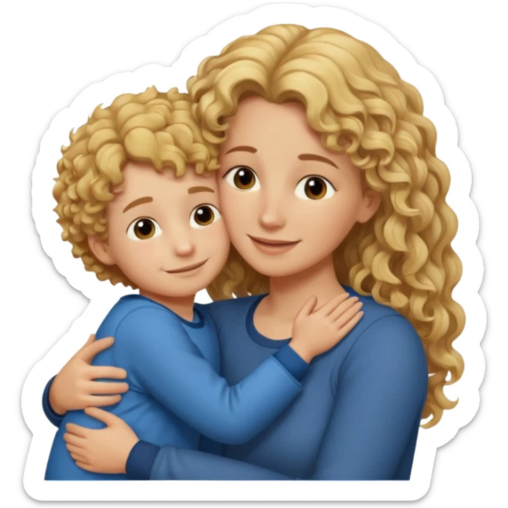 a mother with blond curly long hugging his son with brown hair and like saying its okay sticker