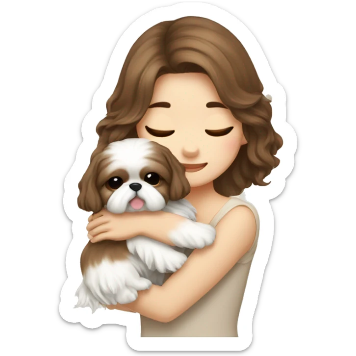 long brown wavy hair korean girl hugging cream colored shih tzu sticker