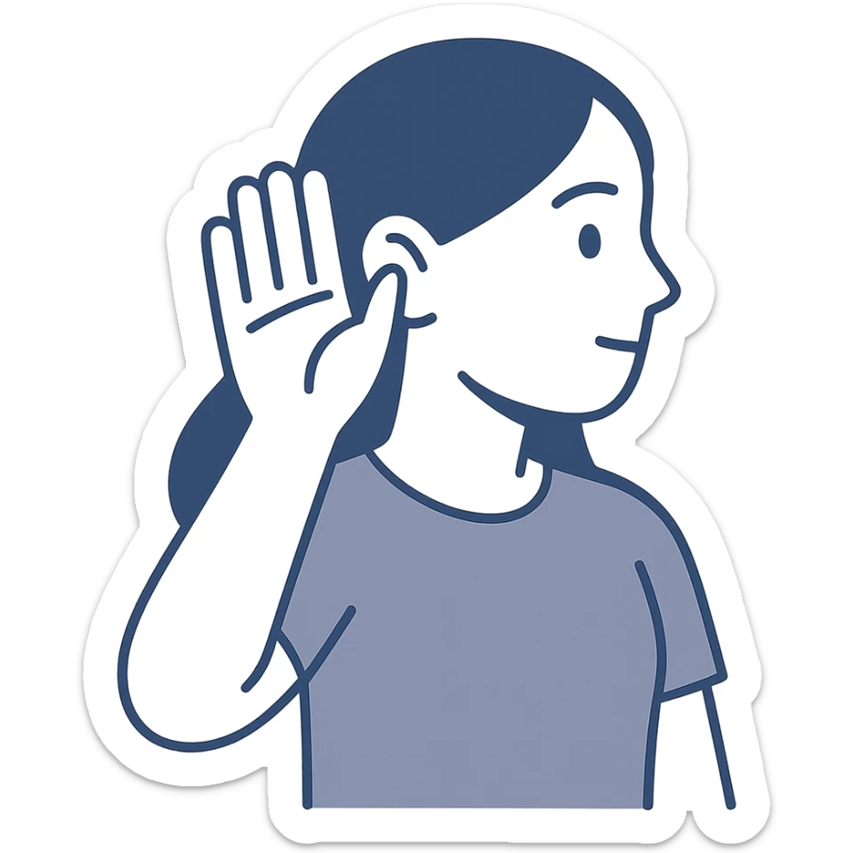 girl listening to viewer, side view, hand to ear, clean modern illustration style sticker
