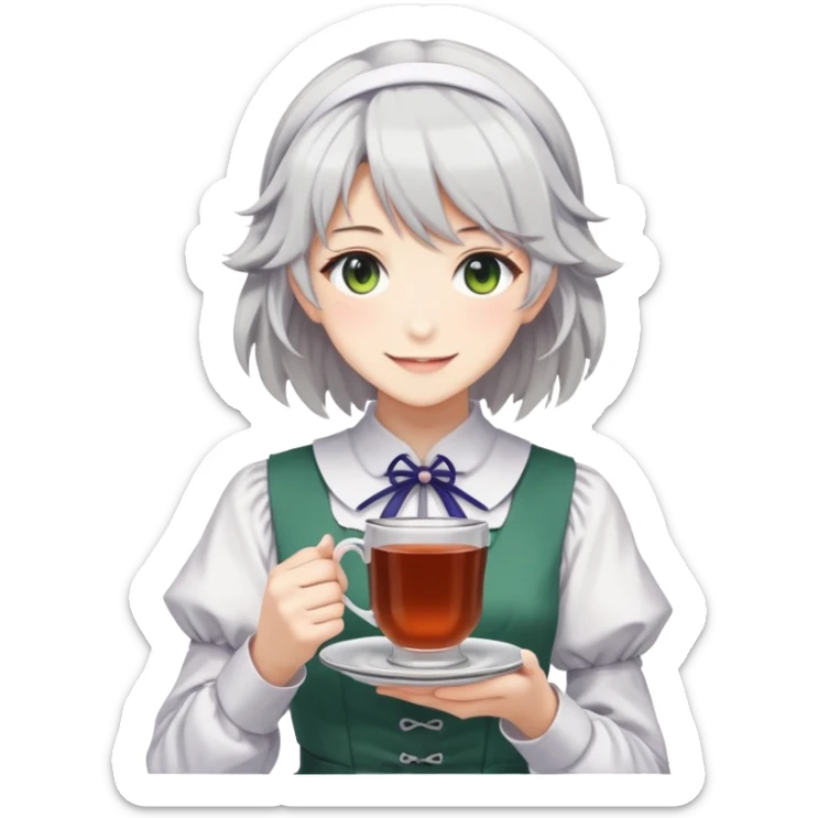 Sakuya Izayoi from Touhou Project stands with cup of tea in her hands and smiles sticker