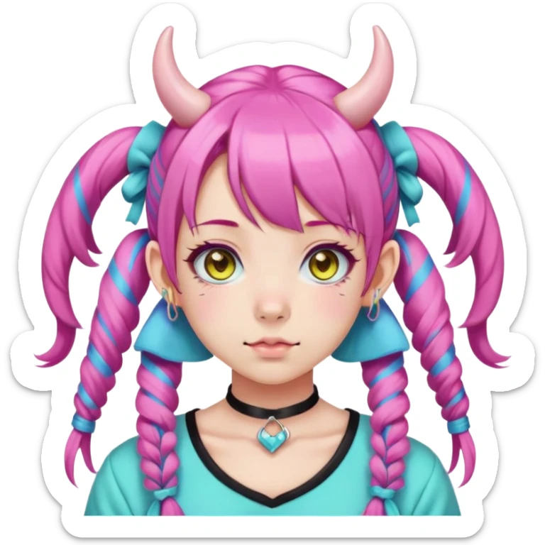 En anime-ku-jente med to rosa lange tykke fletter og cyan striper i håret, horn, og ku-ører, sort BH-topp over en gul cropped-fleece-blouse, lilla øyne, søt sløyfe på halsen  sticker