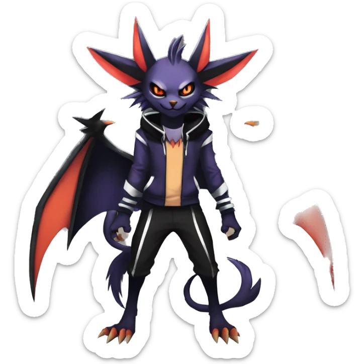 Cool Anthro Black Noivern-Absol-Litten-Pokémon with edgy stripes hoodie spiked collar punk Full Body sticker