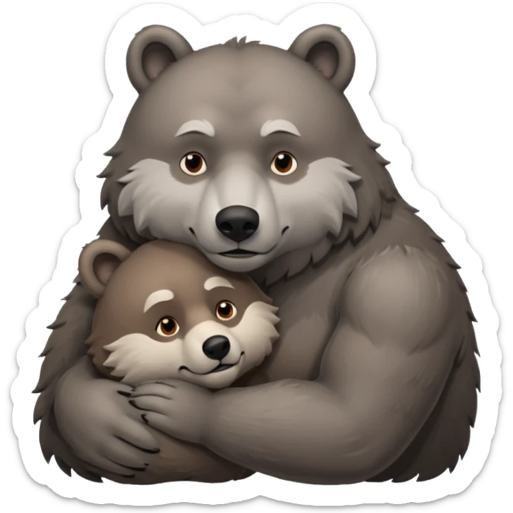 A beefy brown bear cuddling a grey wolf. Both of them are males and in love.  sticker