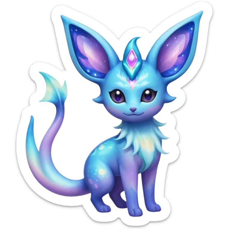 Shiny Iridescent Sparkly Nebulae Espeon-Lumineon-Vaporeon-Amaura-Glaceon-Dragonair-Fakémon-hybrid-creature (full body)  with a galaxy-dust-flowing-gradient-tail sticker