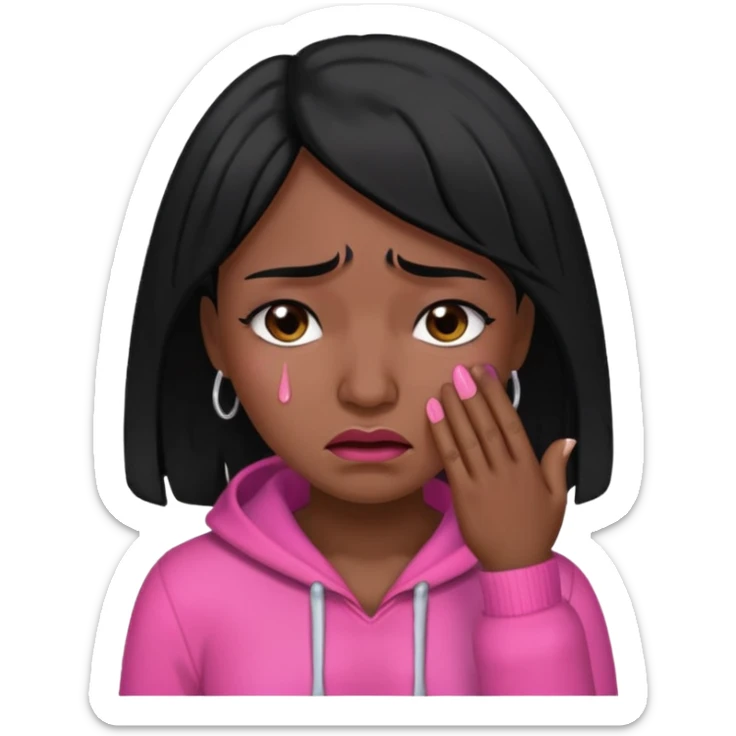 black hair woman with pink outfit and crying face sticker