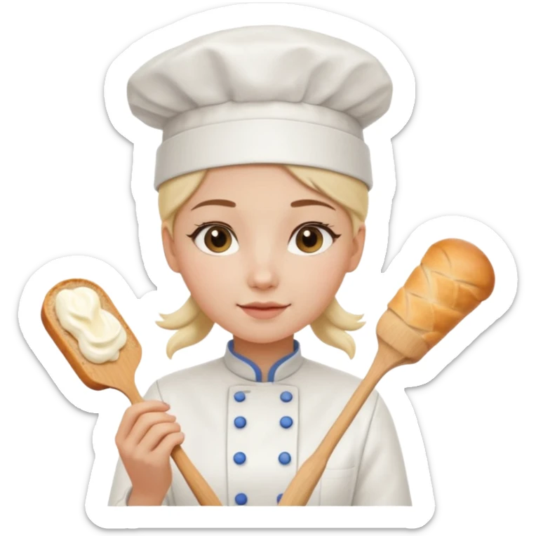 Young female baker - white chef hat, holding cream piping bag to milk oil on bread sticker