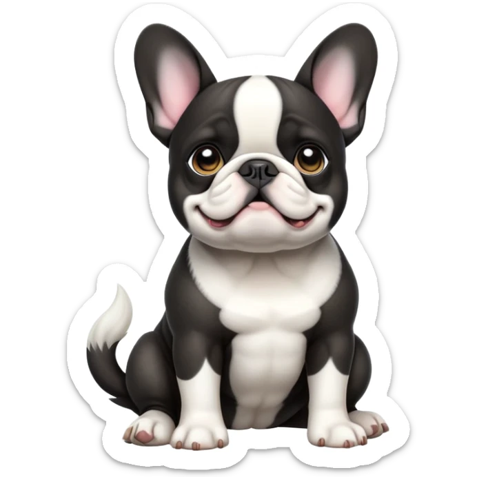 cinematic-[french bulldog]-realistic-full-body-sitting-emoji,-tail-resting-loosely-beside-its-paws,-head-tilted-dramatically,-sleek-[black ant white pied]-fur,-simplified-yet-realistic-focused-features,-highly-detailed,-glowing-with-an-almost-sarcastic-glow sticker