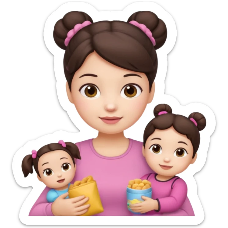 Cute small Toddler emoji with two small buns dark brown hair, fair skin, in pink top, holding toddler snacks & doll sticker