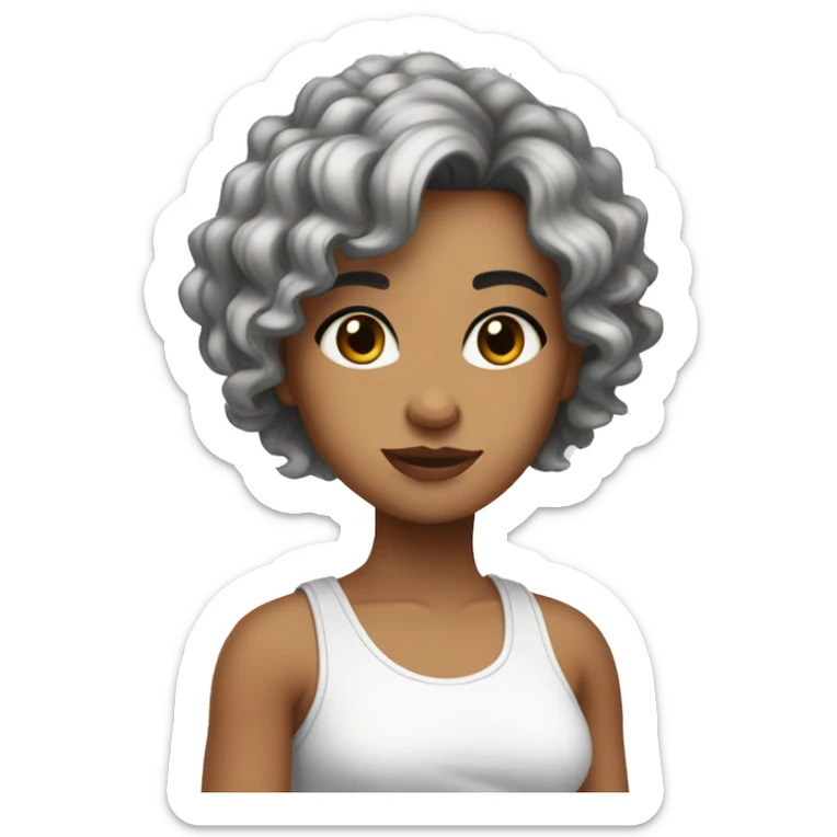 white and grey highlights hair, olive skin, white tank top, big cute eyes sticker