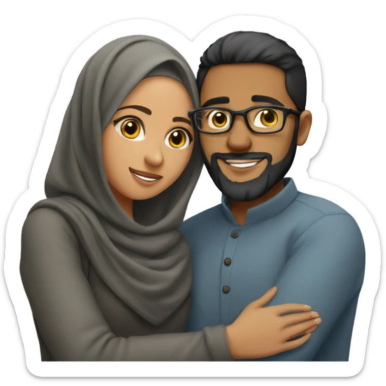 A young Muslim woman and her young Muslim husband with glasses and a beard hug sticker