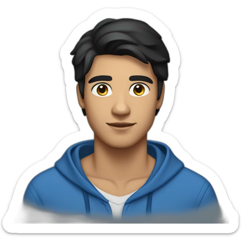 Tan skin with straight black hair and thick eyebrows young handsome adult male wearing a blue hoodie sticker