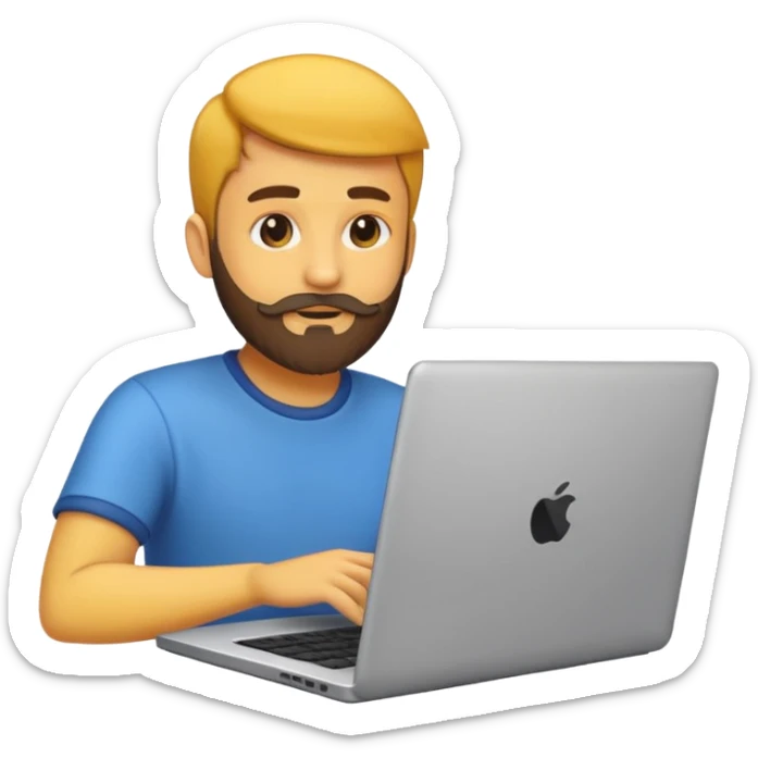 Emoji de un hombre joven con barba corta usando una laptop, estilo emoji moderno y minimalista, colores planos, líneas limpias, expresión amigable, fondo transparente. sticker