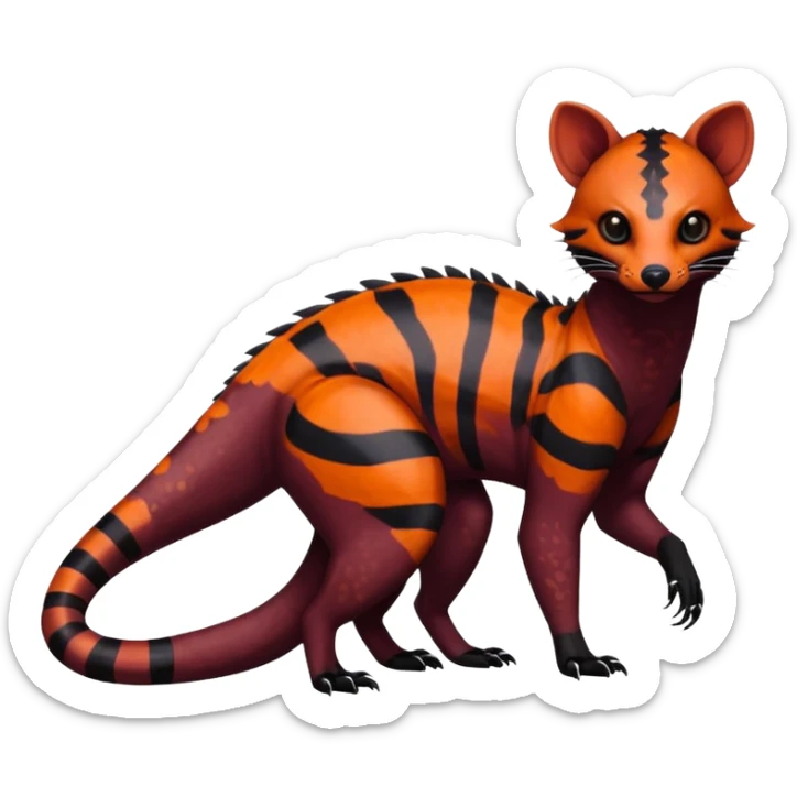 Rare warm-colored exotic edgy epic aesthetic spooky dark modern colorful cyber-Genet-Trico-Salandit-Civet-species-Fakemon-hybrid-creature, with beautiful intricate markings, full body sticker