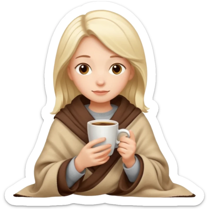 Beige hair Girl drinking coffee, reading book with a cozy blanket sticker