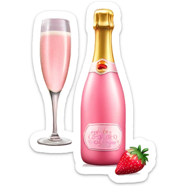 Realistic pink champagne bottle and pink clear glass full of the champagne with a strawberry in it. sticker