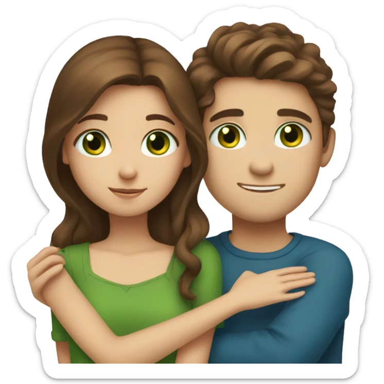 girl with brown hair and blue eyes hugging a boy with brown hair and green eyes  sticker