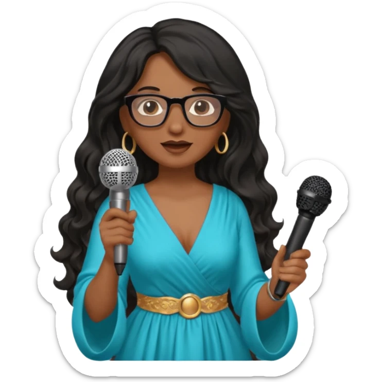 singer, Middle age, long wavy black hair, brown skin, wearing dress, holding mic, glasses sticker
