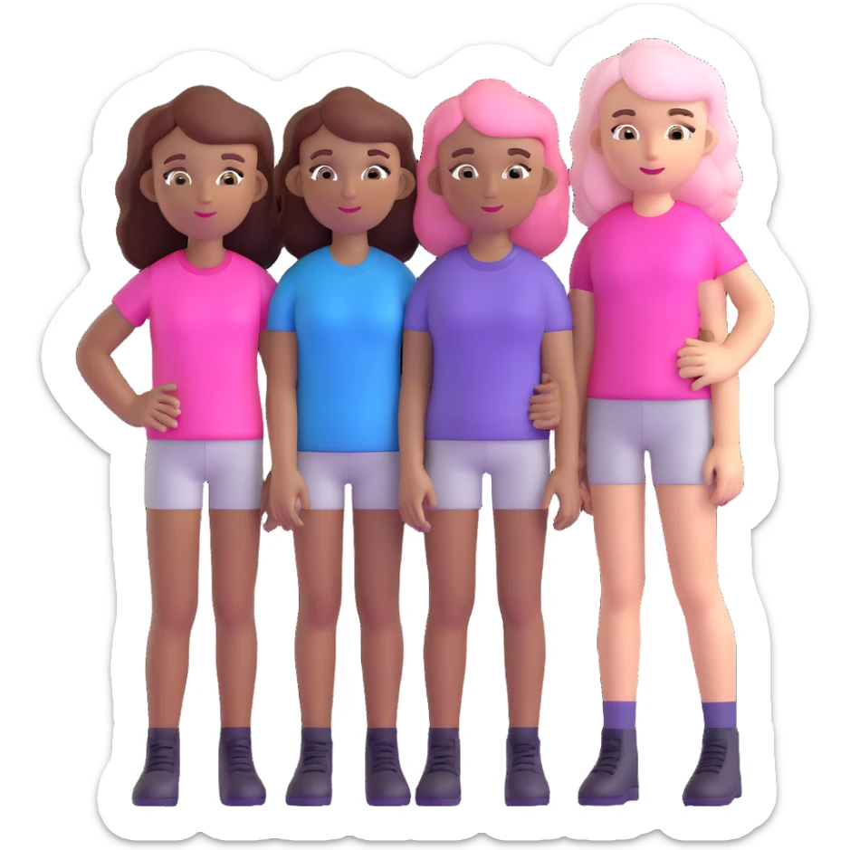 a black girl with dark brown hair next to a white girl with pink hair and a white girl with brown hair sticker