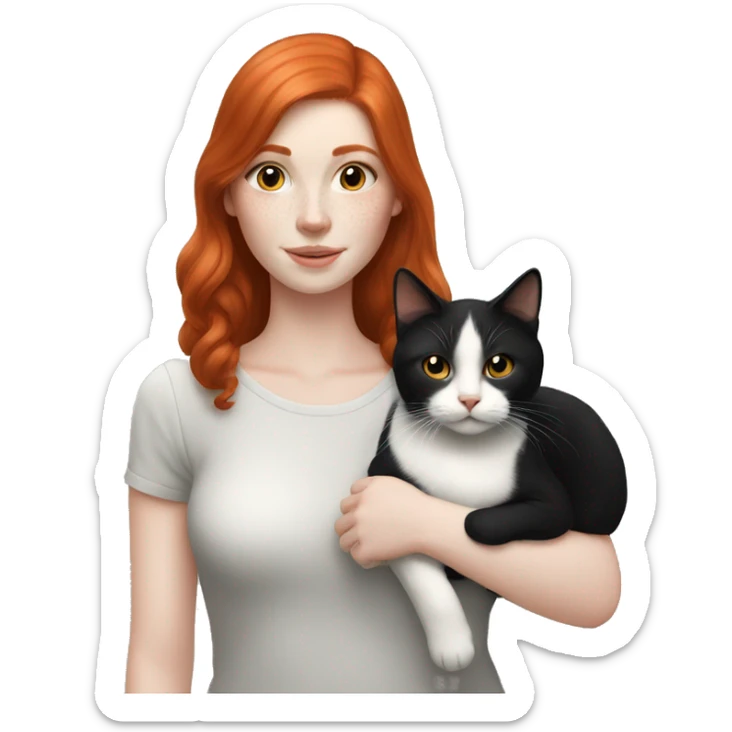redhead girl with pale skin holding black and white cat sticker