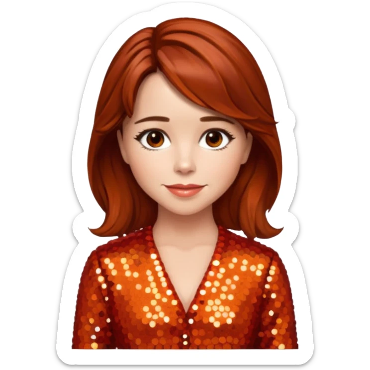 Linda Cardellini with reddish brown hair, red-orange sequin outfit sticker