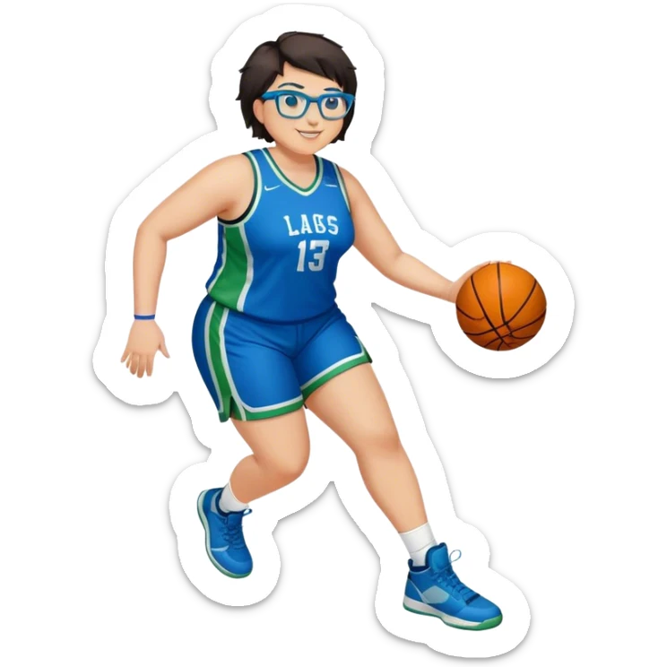 Full Body plus size white female basketball player with short dark hair with highlights spike hair wearing blue glasses  wearing blue green uniform smiling sticker