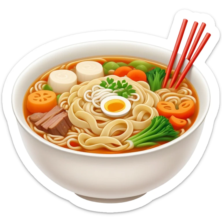 Henan Stewed Noodles with clear soup and vegetables, simplified emoji style with bold outlines and bright colors, cartoon style traditional Hui Mian in bowl sticker