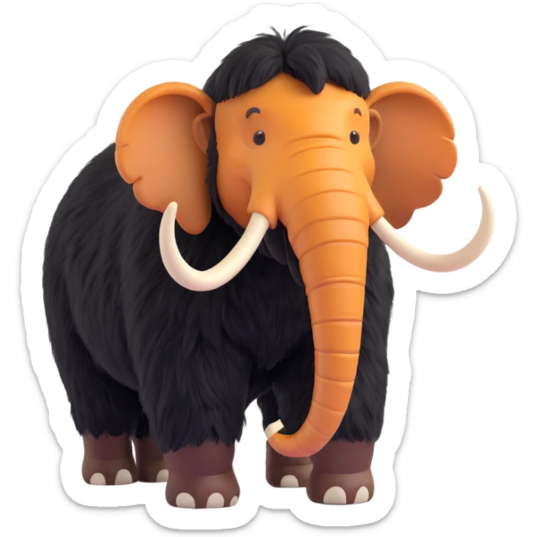 profile side view of a happy wooly mammoth with black fur and two white tusks, walking, 3D style, no background sticker
