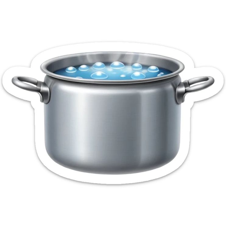 small metal pot filled with boiling water on a stove, visible hot steam and rising bubbles, realistic heat effect, shiny pot surface, bright lighting, clean white background

 sticker