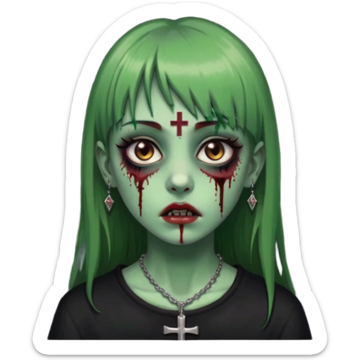 Zumbi verde com olhos castanhos aspecto de que tá sangrando, uma franja reta um piercing do lado esquerdo do nariz, roupa preta e crucifixo como colar, e também delineador sticker