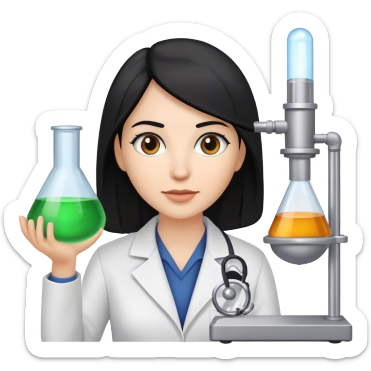 A white woman with black hair and brown eyes and straight hair, cientist sticker