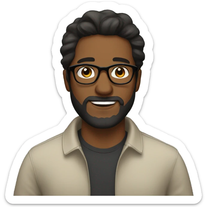 Brown skin man w beard and long hair. With glasses and black hair sticker