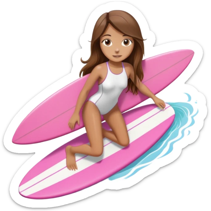 Girl with long brown hair surfing at pink short board in the white swimsuit  sticker