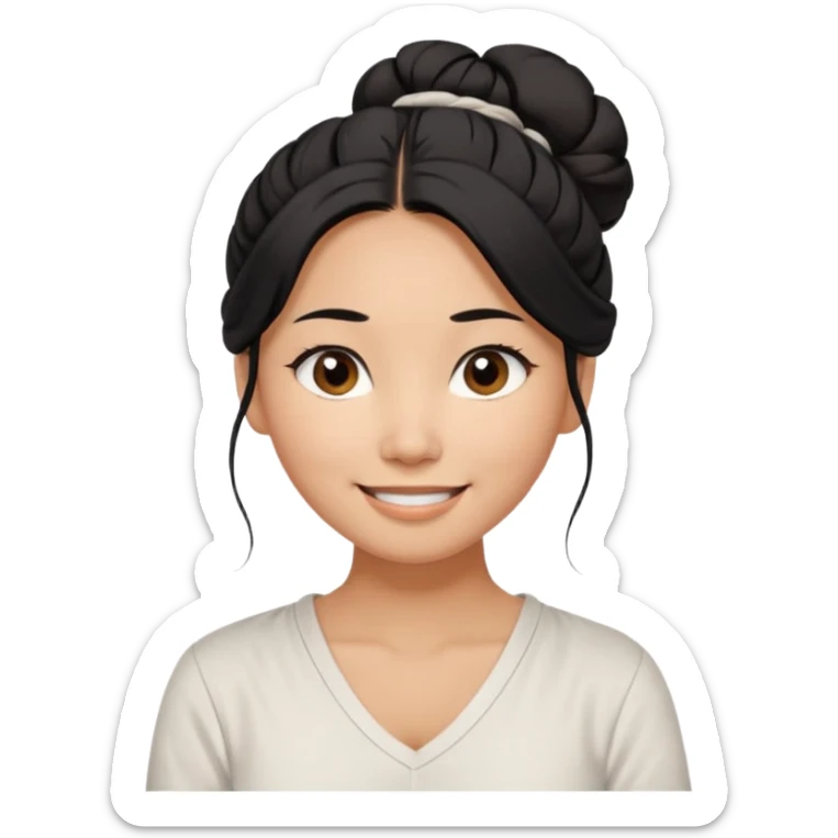 medium tan asian woman with long black hair tied 1 messt bun on top of head,  round brown eyes, white v neck blouse. shes smiling and friendly. sticker