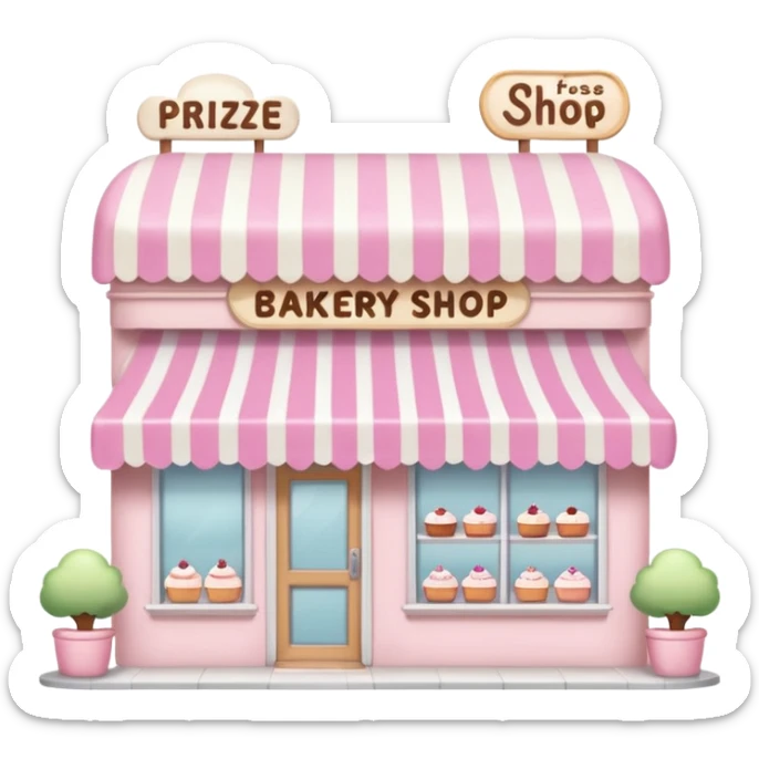pastel pink bakery with a striped awning, cakes in the window, and a sign above that says 'Prize Shop', soft and friendly, emoji style sticker